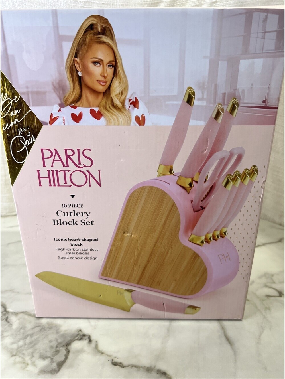 Paris Hilton 10-Piece Heart-Shaped Stainless Steel Knife Block Set, Pink